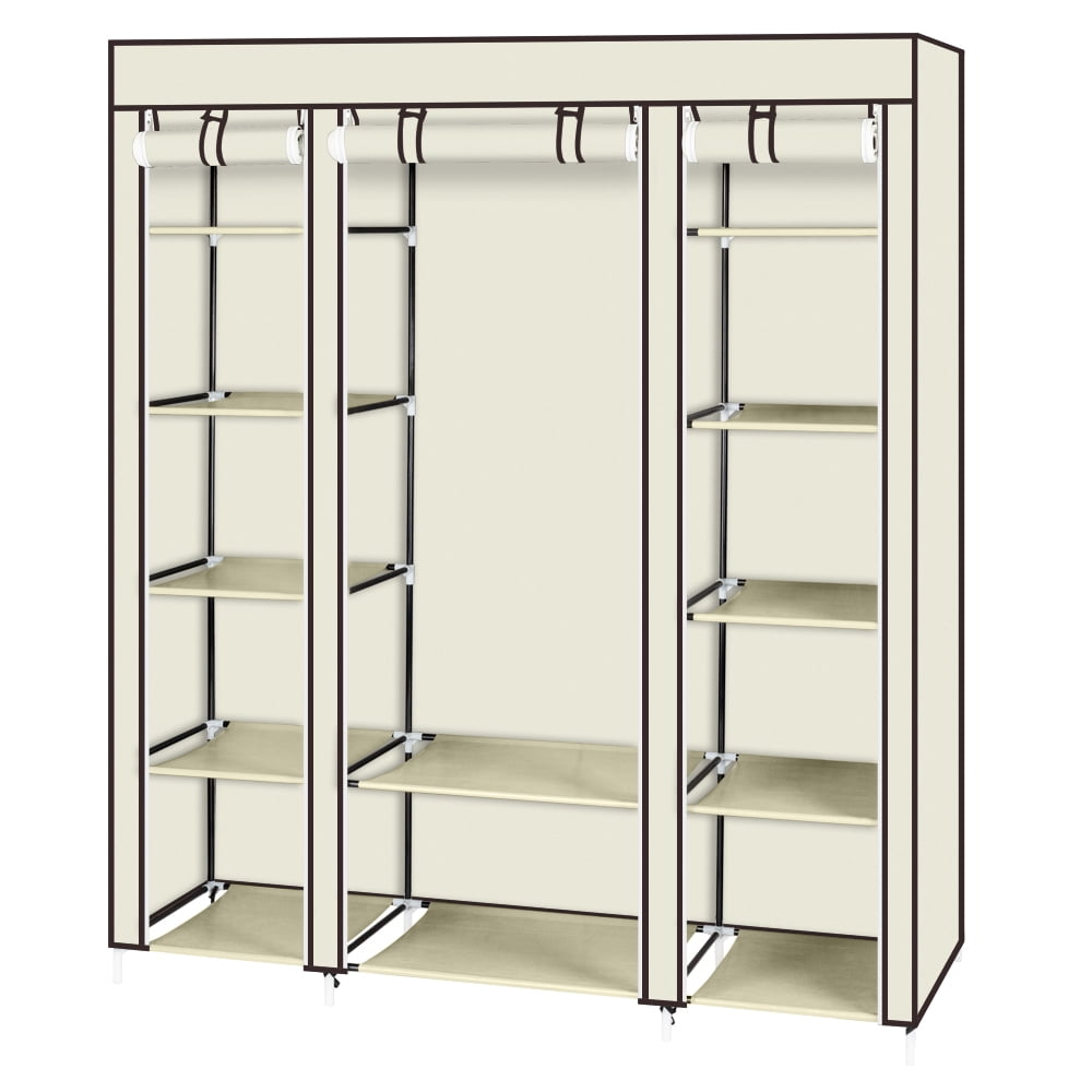 69 Inch Beige Portable Clothes Closet, Non-Woven Fabric Steel Tube PP Plastic Storage Wardrobe with 12 Shelves & Hanging Rod, Space Saving for Small Room Walk-in Closet