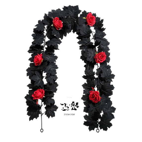 69-Inch Black Leaf Red Rose Vine, PE Material, Gothic Dark Romance, Halloween Table Party Home Decor