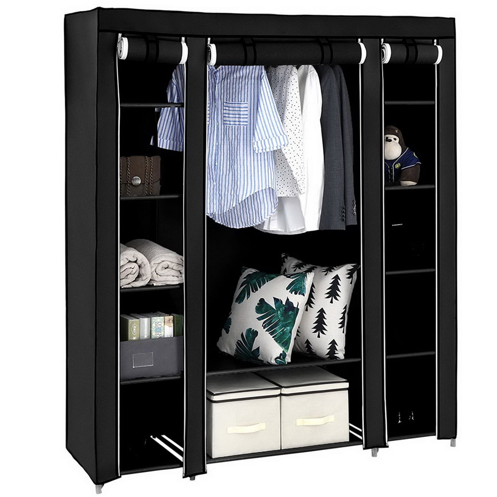 69 Inch Black Portable Clothes Closet, Non-Woven Fabric Storage Wardrobe with 12 Shelves & Hanging Rod, Dustproof Waterproof Closet Organizer, Space Saving for Small Room Walk-in Closet