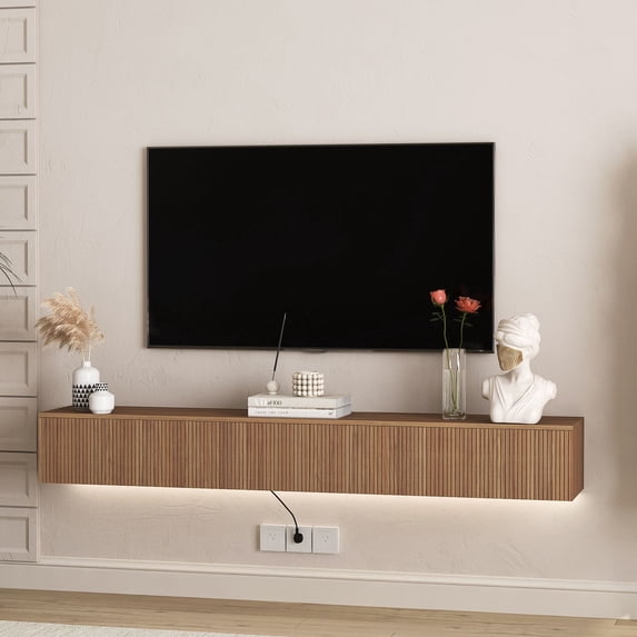69 Inch Floating TV Stand Wall Mounted with 16 Color LEDs Entertainment Center for 55 to 65 Inch TVs,Wood