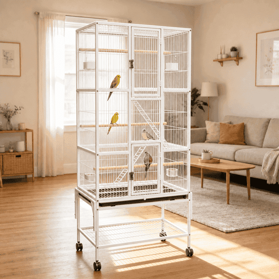 69 Inch Large Bird Cage with Stand and Wheels, Bird Cage with Dust Cover for Parrots, Cockatiels, Parakeets, Lovebirds and Small Birds, White