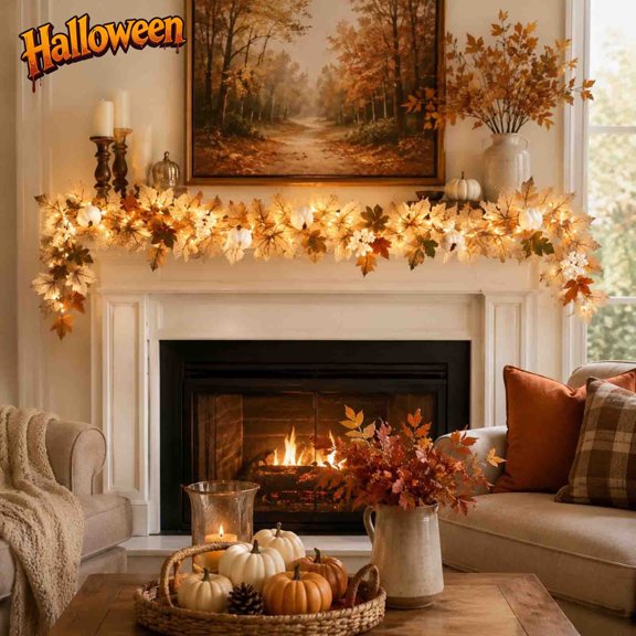 69 Inch Lighted Artificial Maple Leaf Garland,Fall Hanging Vine,Flexible Faux Autumn Leaves Mantel Railing Halloween Decor, Indoor Outdoor Fireplace Stair Window Thanksgiving Farmhouse Party Supplies