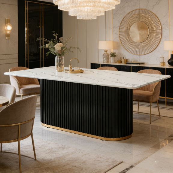 69 Inch Rectangular Faux Marble Dining Table with Black Wave Metal Base and Gold Trim - Modern Kitchen Table Accommodates 4-6 People for Dining Room, Kitchen, Living Room