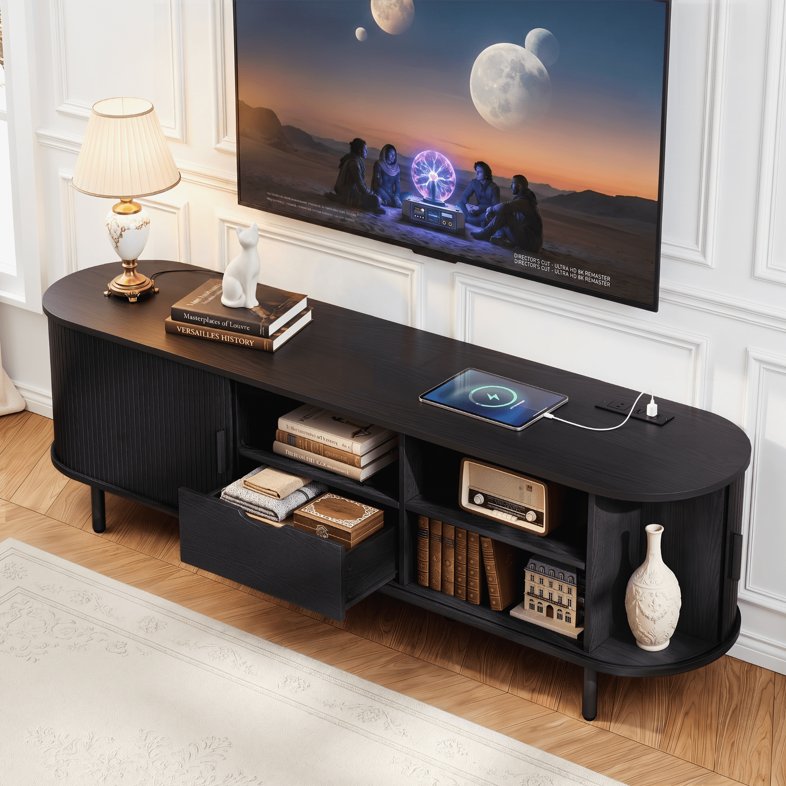 ROGALIS 69 Inch TV Stand features a built-in power outlet is Compatible with up to 80 inches TVs, Includes ample storage, drawers, adjustable shelves, and a sliding door design, black