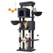 69 Inch Tall Cat Tree Tower for Indoor Cats, Multi-Level Cat Condo with 2 Caves, 2 Baskets, 5 Scratching Posts, Self-Groomer, Perch, and Hammock, Dark Gray