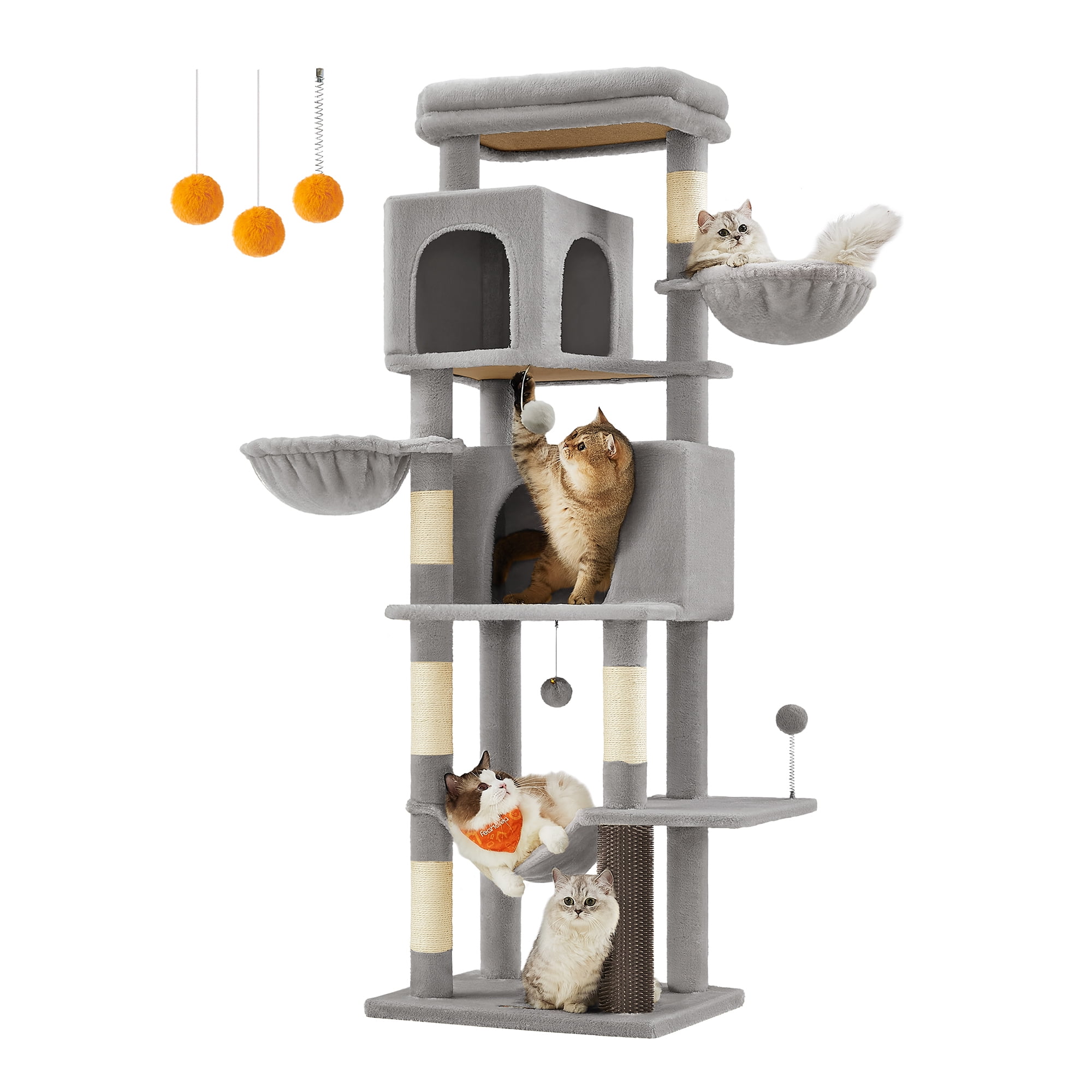 69 Inch Tall Cat Tree Tower for Indoor Cats, Multi-Level Cat Condo with 2 Caves, 2 Baskets, 5 Scratching Posts, Self-Groomer, Perch, and Hammock, Dove Gray
