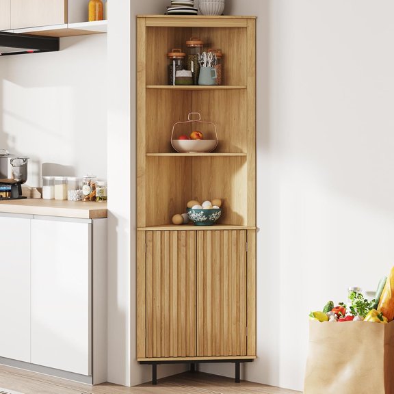 69 Inch Tall Corner Storage Cabinet With Fluted Doors Modern Farmhouse 6 Tier Space Saving Pantry Unit Adjustable Shelves Right Angle Hutch Display Bookcase For Bathroom Kitchen Living Room Natural O