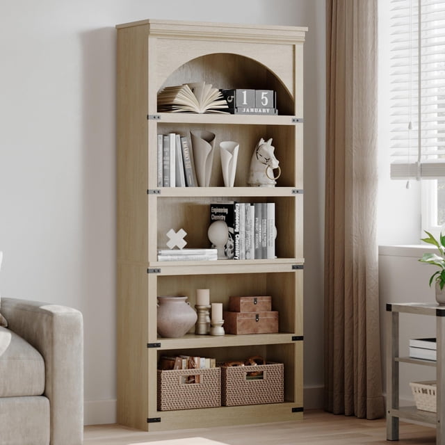 69 Inch Tall Natural Oak Arched Farmhouse Bookcase, 5-Tier Rustic ...