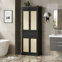 69 Inch Tall Pantry Cabinet, Slim Wood Kitchen Storage Cabinet with Drawer, 2 Adjustable Shelves & 4 Rattan Doors, Farmhouse Cupboard for Dining Room, Living Room, Office