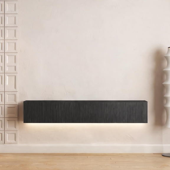 69-Inch Wall-Mounted Floating TV Stand with 16-Color LED Lights, Deep Black MDF Entertainment Center for Living Room