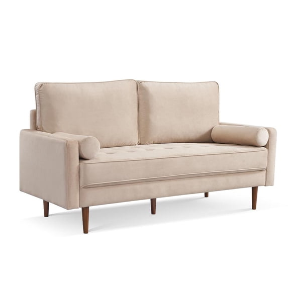 69 Inch Wide Upholstered Two Cushion Sofa with Bolster Pillows in Beige Velvet