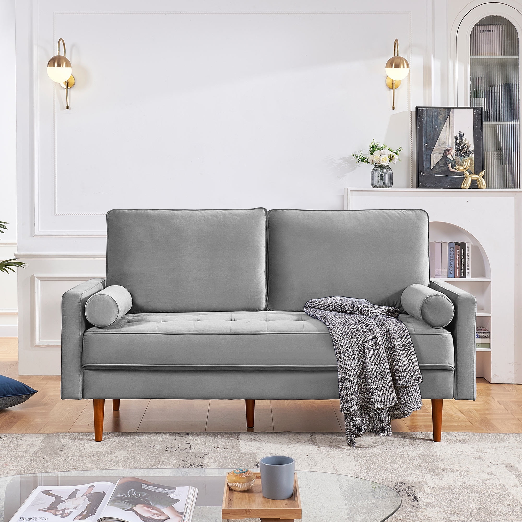69 Inch Grey Velvet Sofa with Wood Legs and Bolster Pillows