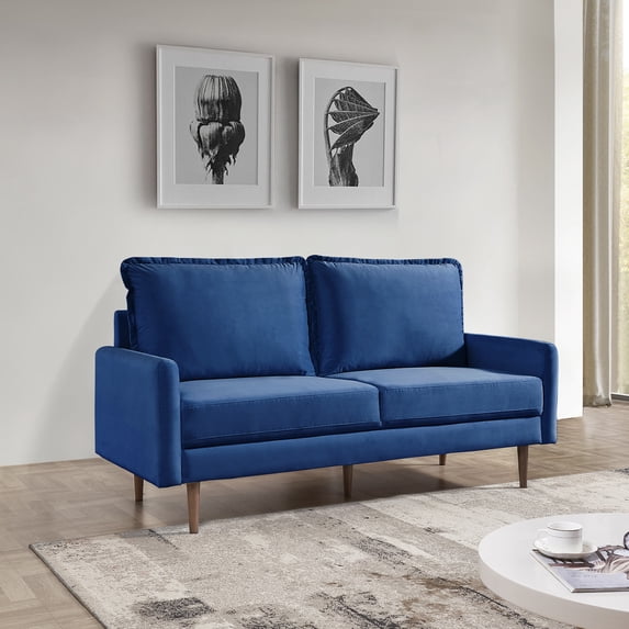 69 Inch Wide Upholstered Two Cushion Sofa with Cambered Arms in Blue Velvet