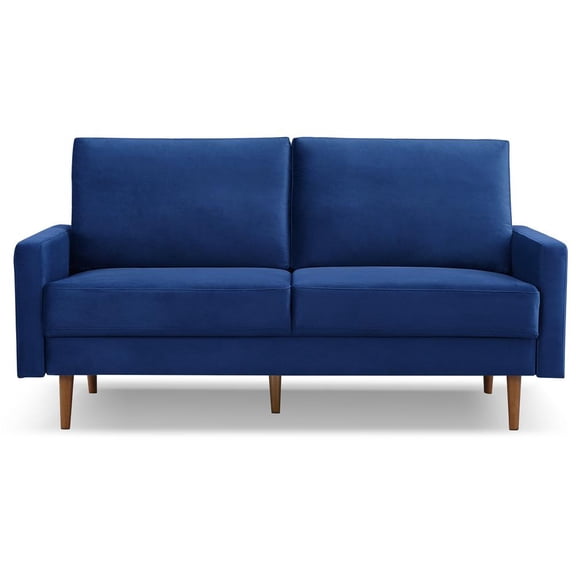 69 Inch Wide Upholstered Two Cushion Sofa with Square Arms in Blue Velvet