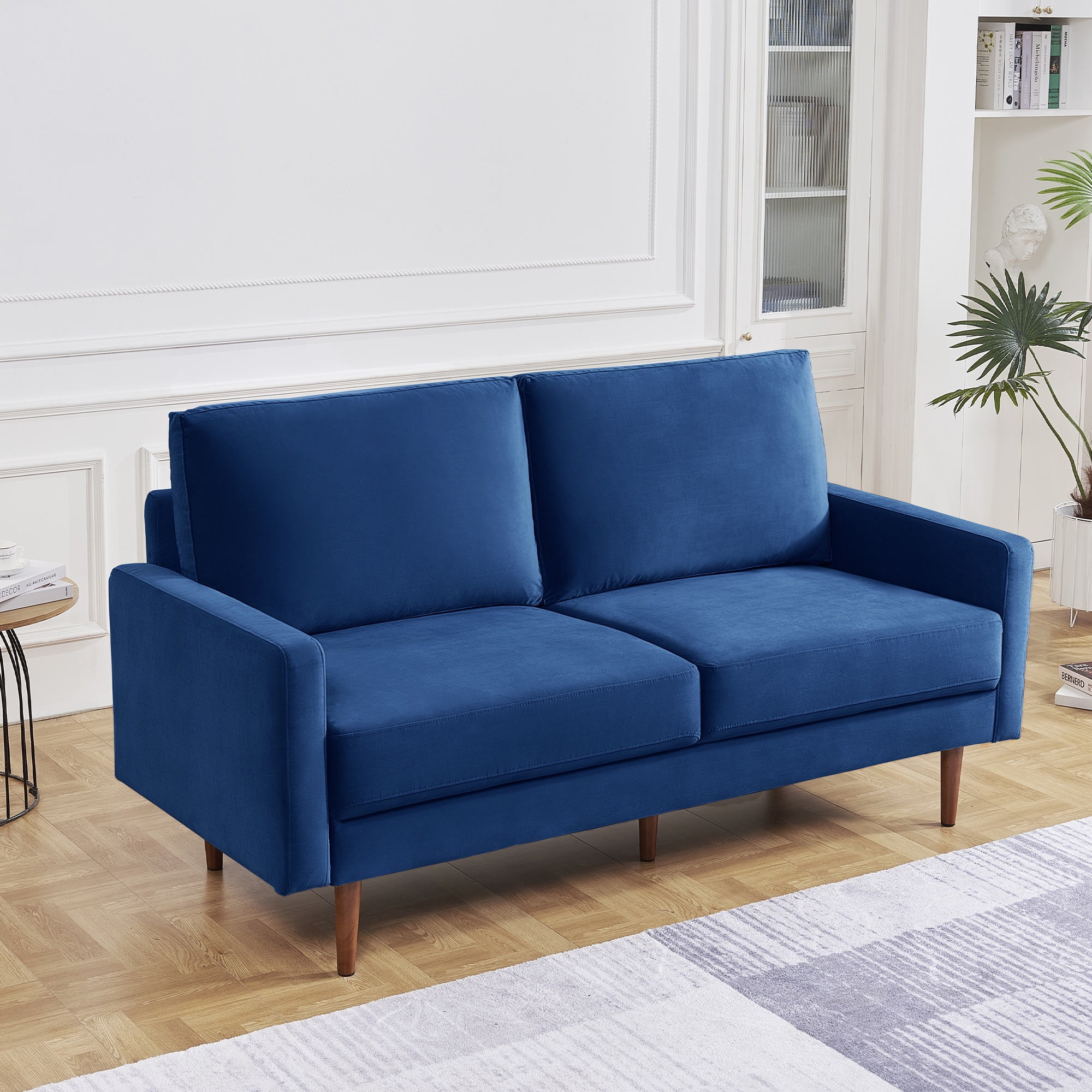 69 Inch Blue Velvet Sofa with Removable Cushions and Wood Legs