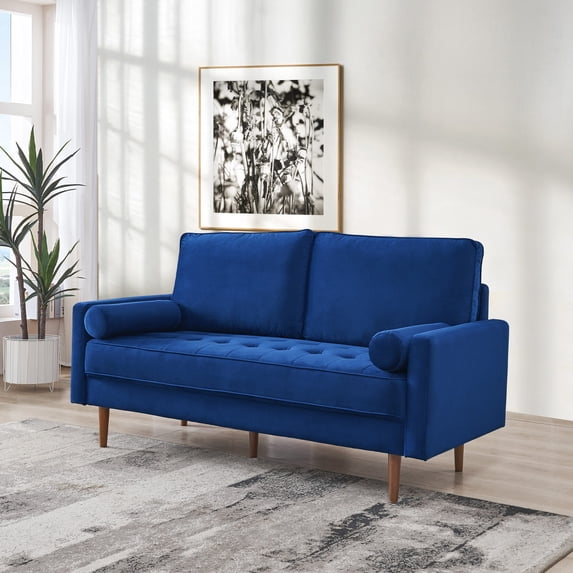 69 Inches Upholstered Sofa Couch Furniture, Modern Velvet Loveseat, Tufted 3-seater Cushion with Bolster Pillows - Blue 12703