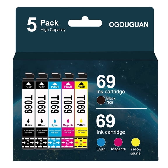 69 Ink Cartridge Replacement for Epson T069 Compatible with Stylus CX7400 CX6000 CX8400 NX100 NX200 NX300 Workforce 30 500 610 Printer( 2 Black, Cyan, Magenta, Yellow, 5-Pack)