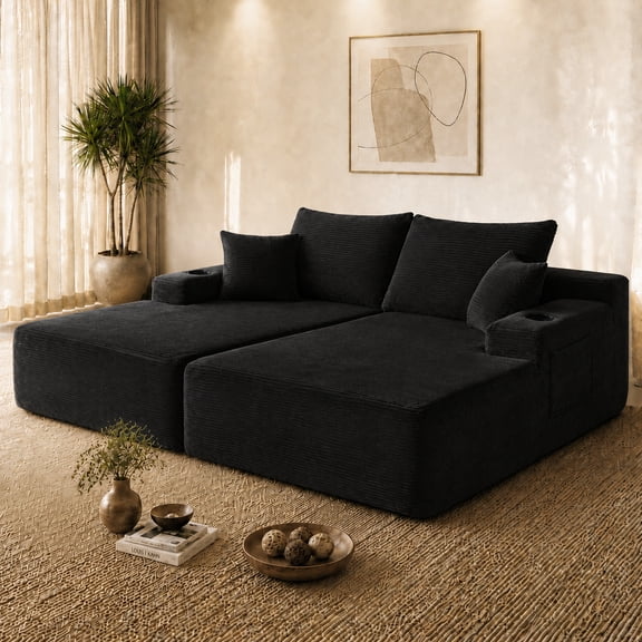 69"L-Shape Corduroy Fabric Comfortable 2 Seater Chaise with R-Shape and Cup Holders, Modern Cloud Sectional Chaise Couch with Side Pockets and Deep Seat for Living Room, Apartment, Black