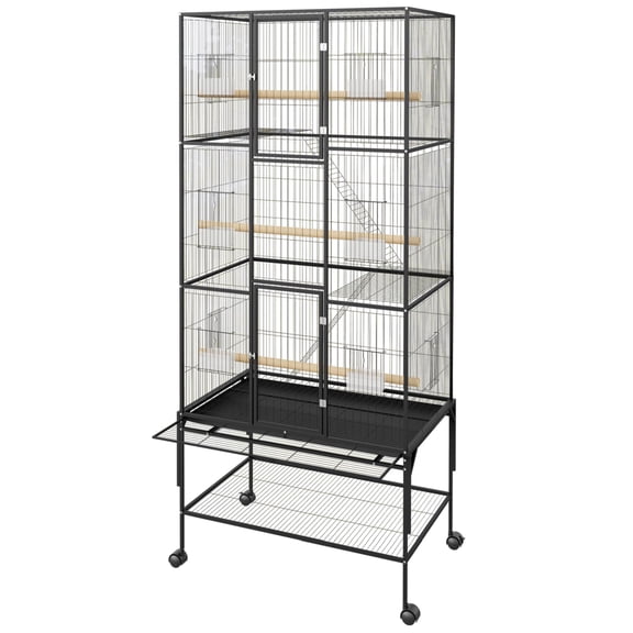 69" Large Rolling Bird Cage Wrought Iron Parrot Cage with Stand, Storage Shelf, Perches & Feed Bowls Rolling Casters, Slide-Out Tray, for Macaws, Cockatiels, Parakeets