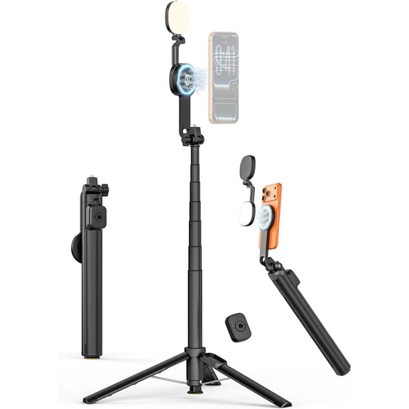69" Magnetic Tripod for with Light, Selfie Stick with Magnetic Selfie Light & Remote, Extendable Cell Phone Tripod