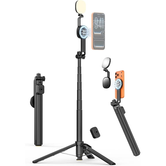 69" Magnetic Tripod for iPhone with Light, Selfie Stick with Magnetic Selfie Light & Remote, Extendable Cell Phone Tripod, Kit for MagSafe iPhone/Android Video Recording