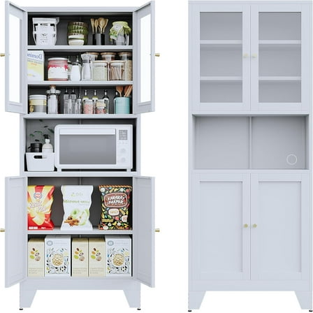 69" Metal Pantry Storage Cabinet with Doors and Adjustable Shelves,Freestanding Bathroom Storage,Kitchen Cabinet with Microwave Stand,Buffet Cupboards for Kitchen and (White) (White-Glass)
