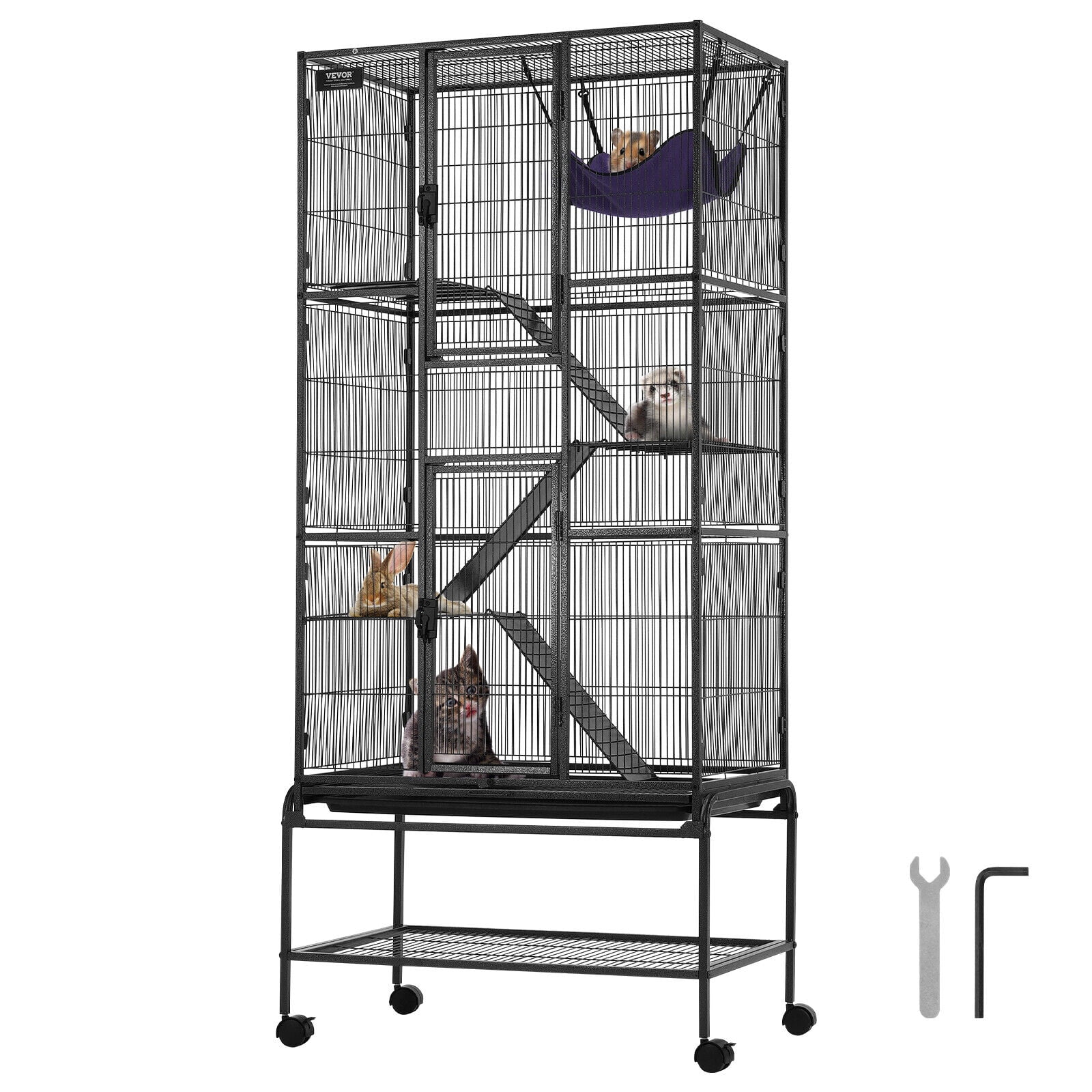 69'' Black Metal 4-Tier Rolling Small Animal Cage with Tray and Ramps