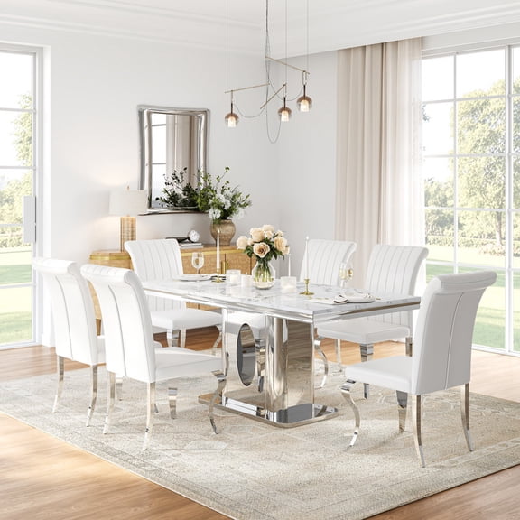 69" Modern Faux Marble Dining Table Set for 6, Stainless Steel Dining Table with 6 Upholstered High-Back Dining Chairs, Dining Room Kitchen Apartment Furniture