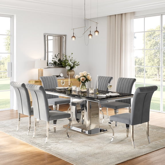 69" Modern Faux Marble Dining Table Set for 6, Stainless Steel Dining Table with 6 Upholstered High-Back Dining Chairs, Dining Room Kitchen Apartment Furniture