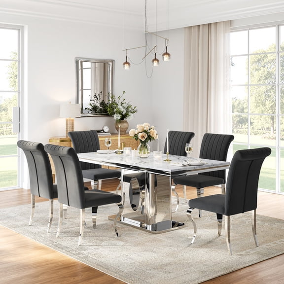 69" Modern Faux Marble Dining Table Set for 6, Stainless Steel Dining Table with 6 Upholstered High-Back Dining Chairs, Dining Room Kitchen Apartment Furniture