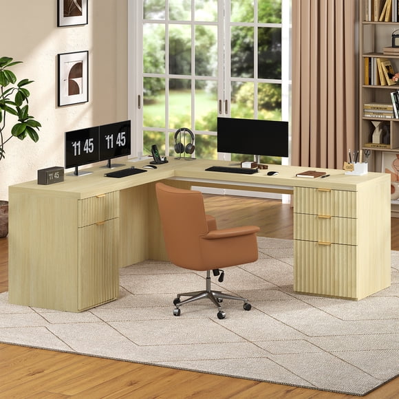 69" Modern L Shaped Executive Desk with Charging Station & File Drawer, Large Home Office Corner Desk with Storage Cabinet and Drawers, Fluted L-Shaped Desk Wood Computer Writing Desk in Natural Oak