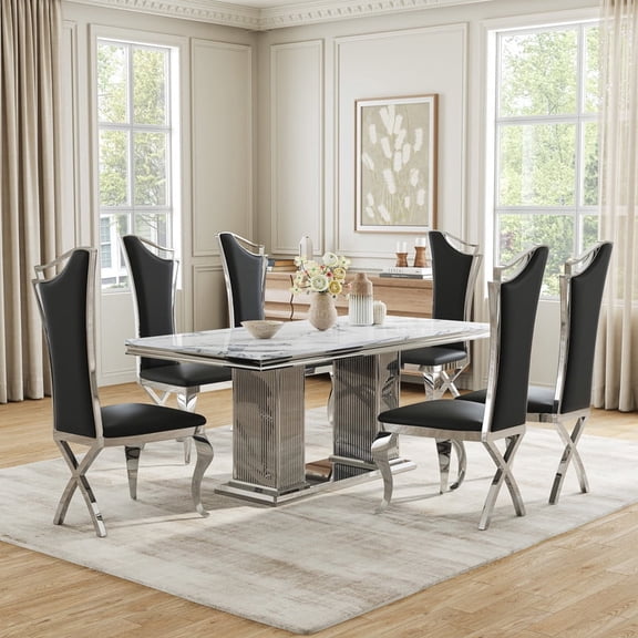 69" Modern Marble Dining Table Set, 7-Piece Rectangular Marble Pattern Table with Stainless Steel Double Pedestal Base, High Back PU Leather Chairs for Dining Room Living Room