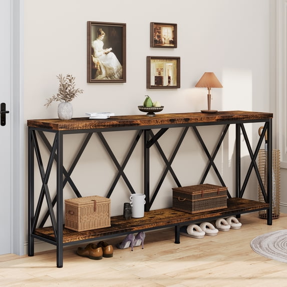 69" Modern Narrow Console Table, 2-Shelves Industrial Sofa Table, Entryway accent table with Storage, Rustic Brown, Rectangle