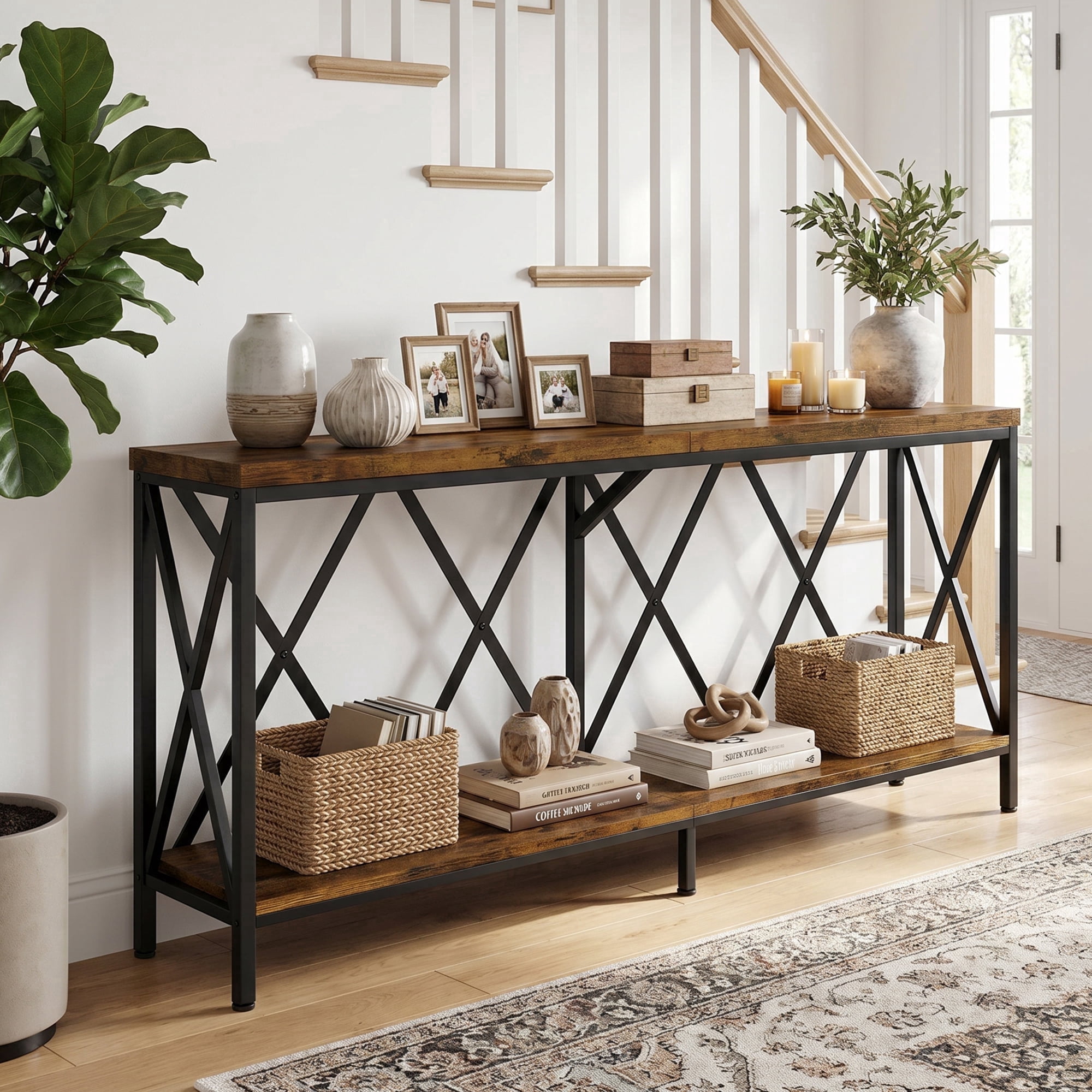 69" Narrow Console Table for Entryway, 2-Shelves Wooden Sofa Table Behind Couch, Farmhouse Skinny Entryway Table , Brown