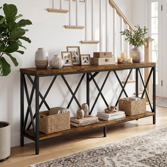 69" Narrow Console Table for Entryway, 2-Shelves Wooden Sofa Table Behind Couch, Farmhouse Skinny Entryway Table , Brown