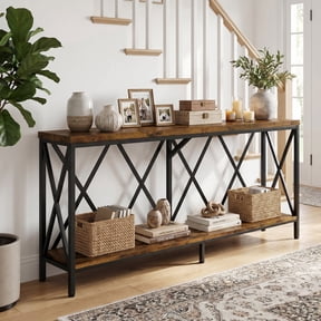 69" Narrow Console Table for Entryway, 2-Shelves Wooden Sofa Table Behind Couch, Farmhouse Skinny Entryway Table , Brown