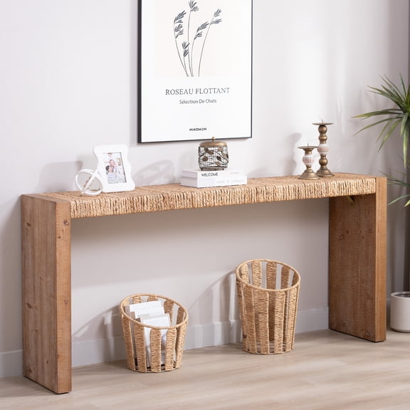 69" Natural Seagrass Console Table Handwoven Top with Engineered Wood Frame