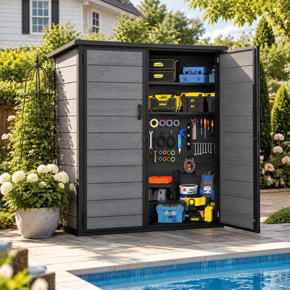 Outdoor Storage Cabinet, 49 Cu. Ft. Resin Shed with Removable Shelf, Lockable Double Door Plastic Storage Shed with Floor, Waterproof Garden Tool Storage Cabinet for Patio, Poolside & Backyard