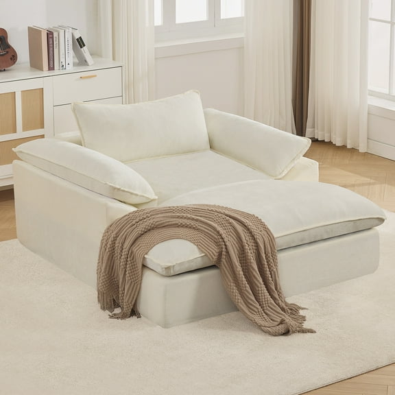 69" Oversized Chaise Lounge Chair Indoor, No Assembly Beige Lounge Couch, Chenille Upholstered Sofa Bed with Pockets, Oversized Reading Chair with Ottoman for Living Room, Bedroom, Office