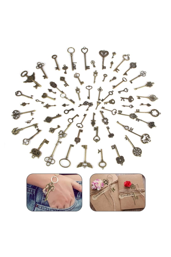 69 PCS Vintage Key Set Charms Mixed Antique Style Bronze Brass Key Set Charms for Wedding Decoration Birthday and Christmas Party