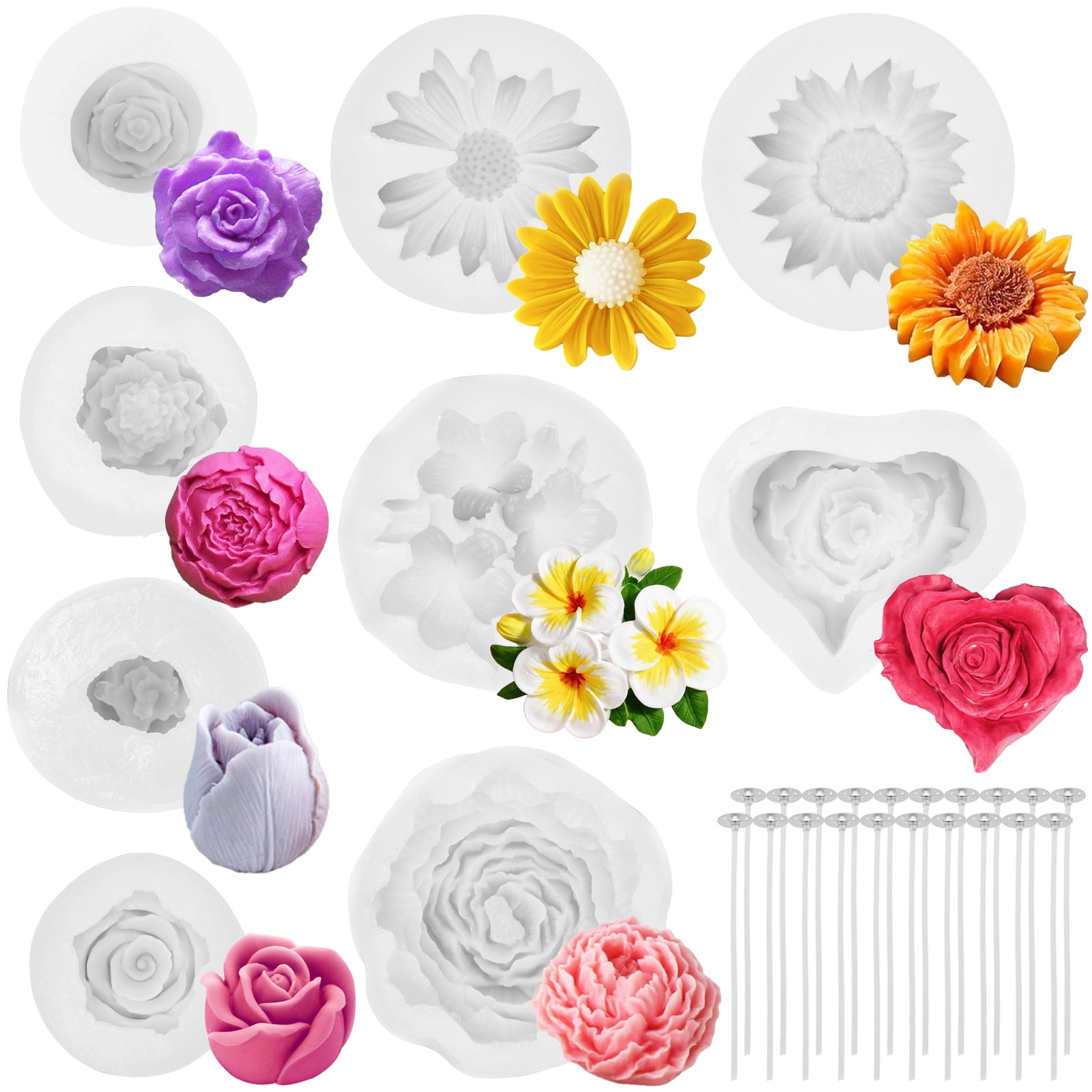69-Pack Flower Candle Mold for Candle Making, Silicone Mold for Soy Wax, Beeswax & Resin Craft – with 20 Candlewicks, Perfect for Valentine & Mother’s Day