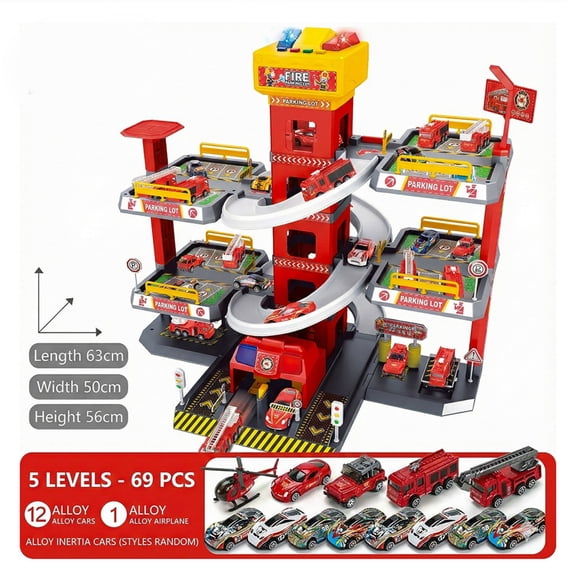 69-Piece 5-Level Fire Rescue Parking Garage Playset With 12 Alloy Cars, Helicopter, Spiral Tracks, Elevator For Toddlers