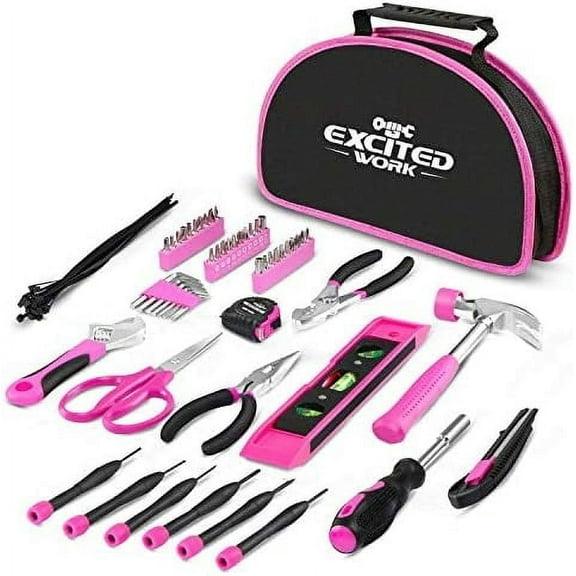 69-Piece Pink Tool Kit - Ladies Hand Tool Set with Easy Carrying Round Pouch - Durable, Long Lasting Chrome Finish Tools - Perfect for DIY, Home Maintenance