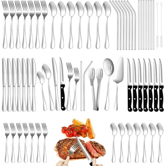 69 Piece Silverware Set With Steak Knife Service For 8, Silver Flatware Cutlery Set Stainless Steel Utensils Mirror Polishe Spoons and Forks With Metal Straw, Slotted Spoons,Tableware