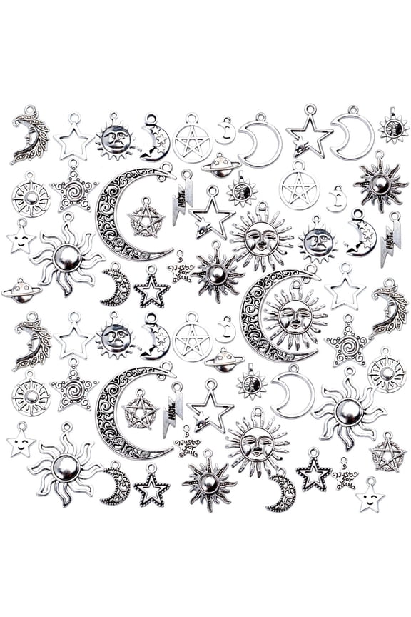 69 Pieces 23 Styles Antique Silver Alloy Moon Star Sun Charms Pendants Celestial Pendants Jewelry Findings for Necklace Bracelet Jewelry Making
