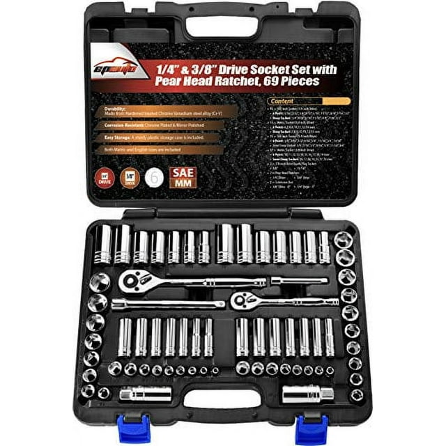 EPAuto 69Piece 1/4 & 3/8 Drive Socket Set with Pear Head Ratchet, Chrome Vanadium Steel (92824