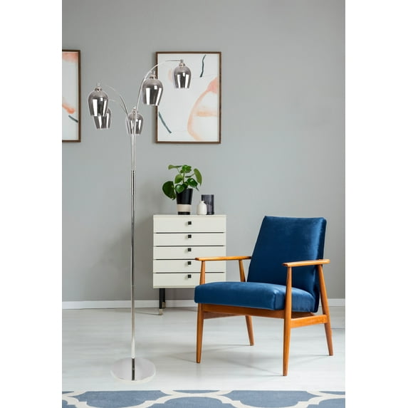 69" Polished Nickel Floor Lamp w/ Five Lights, LED Lights, & Metallic Grey Glass Shades