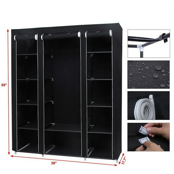 69" Portable Clothes Closet Wardrobe - Easy Assemble Storage Organizer with Non-Woven Fabric, Extra Strong, Durable Black
