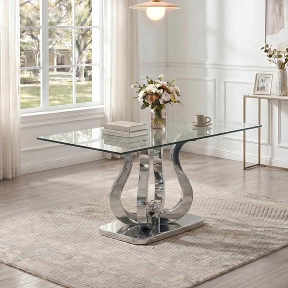69" Rectangular Dining Table, 0.39" Tempered Glass Top, Flower-Shaped Stainless Steel Base, Modern Elegant Style for Kitchen or Living Room