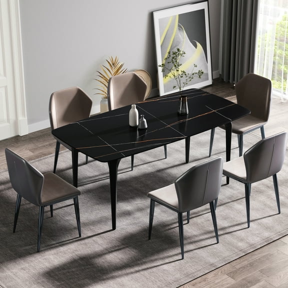 69" Rectangular Dining Table In Black Sintered Stone - Metal Legs, Fits 6-8, Scratchproof, , Easy To Wipe Clean Surface With Accommodates , , Stain-, Care And Renew